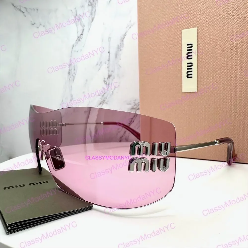 New MIU MIU Sunglasses Aube Silver Pink Mirror Rimless Wrap Authentic Womens